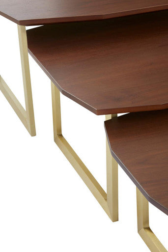 Set of 3 Brown Walnut Wood Nesting Side Tables with Gold Finish Metal Legs, Villi
