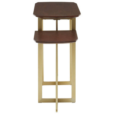 Brown Wood Multi Level 3 Tier Console Table with Gold Finish Metal Frame, Villi