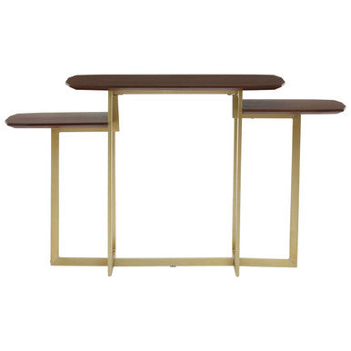 Brown Wood Multi Level 3 Tier Console Table with Gold Finish Metal Frame, Villi