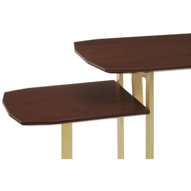 Brown Wood Multi Level 3 Tier Console Table with Gold Finish Metal Frame, Villi