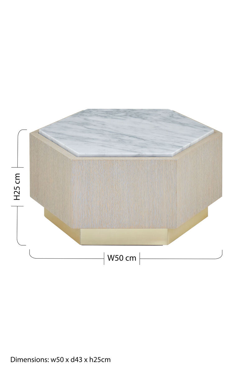 White Marble Top Hexagonal Small Side Table with Whitewash Oak Body and Gold Finish Base, Villi