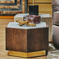 Dark Oak Hexagon Wood Side Table with White and Grey Marble Top and Gold Finish Metallic Base | Villi