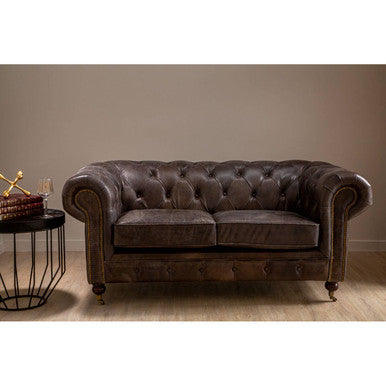 Victor Dark Grey Brown Leather 2 Seater Chesterfield Sofa