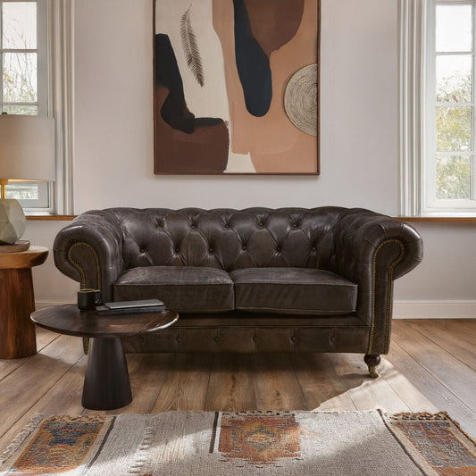2 Seater Dark Grey Brown Leather Chesterfield Sofa, Victor