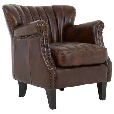 Victor Brown Leather Winged Armchair with Channel Tufting