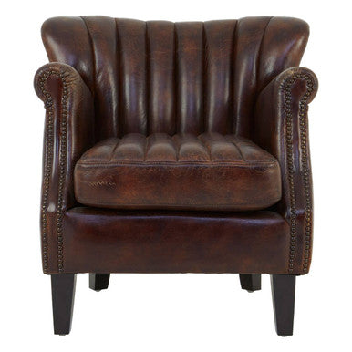 Victor Brown Leather Winged Armchair with Channel Tufting