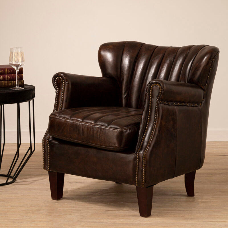 Victor Brown Leather Winged Armchair with Channel Tufting