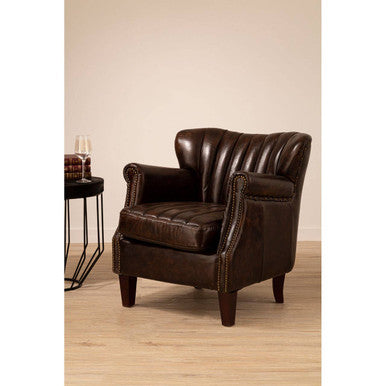 Victor Brown Leather Winged Armchair with Channel Tufting