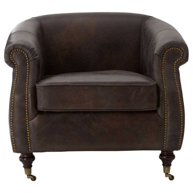Victor Dark Grey Brown Leather Curved Armchair with Rolled Arms