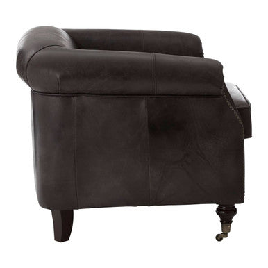 Victor Dark Grey Brown Leather Curved Armchair with Rolled Arms