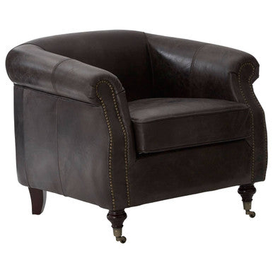 Victor Dark Grey Brown Leather Curved Armchair with Rolled Arms