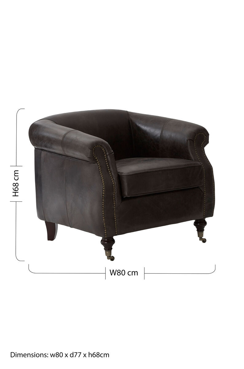 Victor Dark Grey Brown Leather Curved Armchair with Rolled Arms