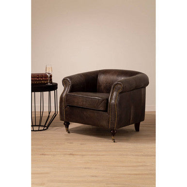 Victor Dark Grey Brown Leather Curved Armchair with Rolled Arms