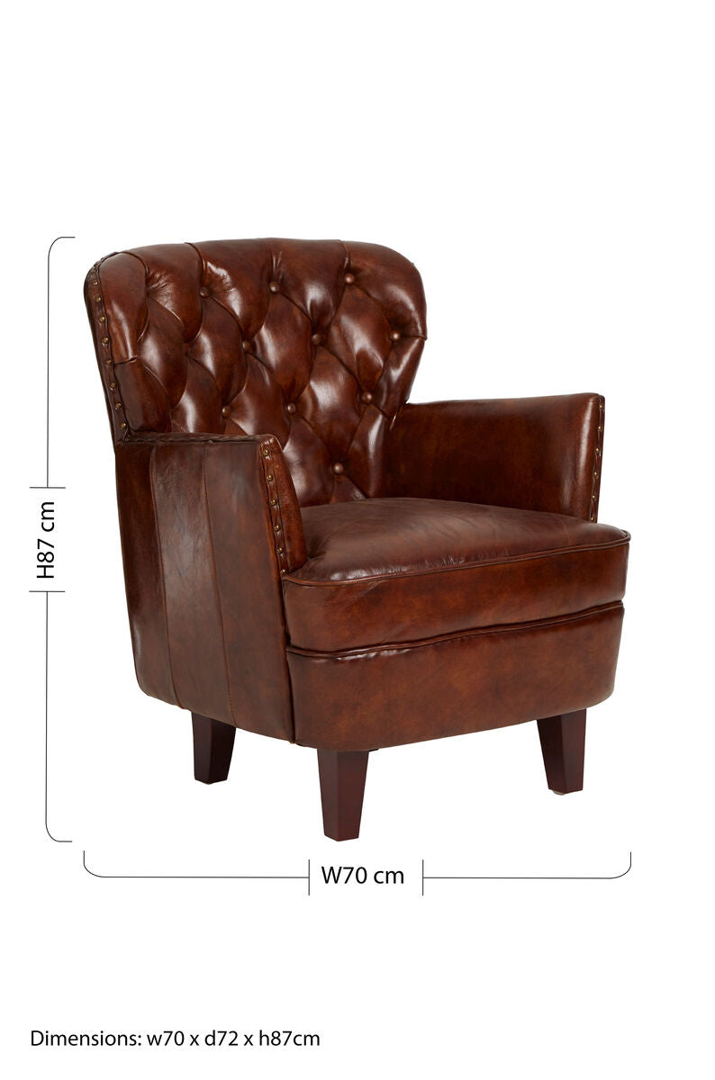 #Victor Brown Leather Armchair with Button Tufted Back