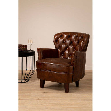 Victor Mocha Brown Leather Armchair with Button Tufted Back