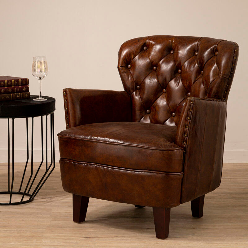 Victor Mocha Brown Leather Armchair with Button Tufted Back