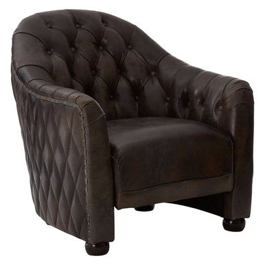 Victor Dark Grey Brown Leather Tub Chair with Button Tufted Backrest