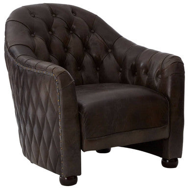 Victor Dark Grey Brown Leather Tub Chair with Button Tufted Backrest