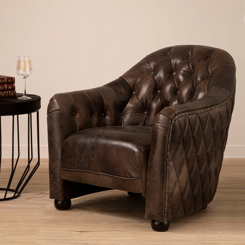 Victor Dark Grey Brown Leather Tub Chair with Button Tufted Backrest