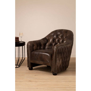 Victor Dark Grey Brown Leather Tub Chair with Button Tufted Backrest
