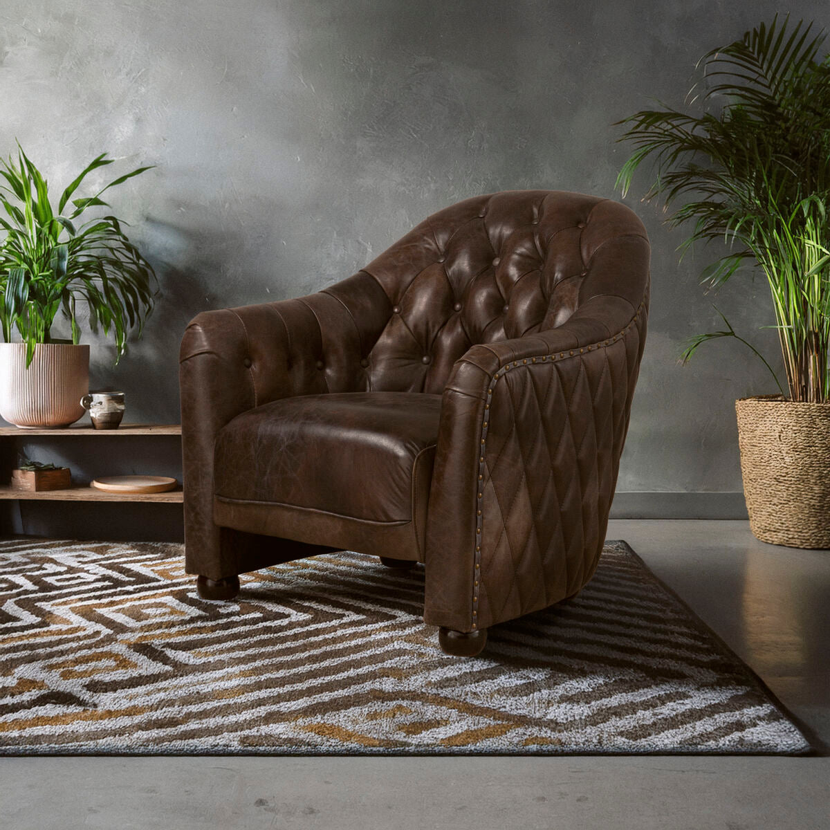 Victor Dark Grey Brown Leather Tub Chair with Button Tufted Backrest