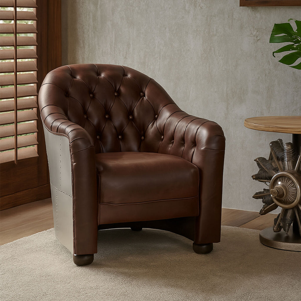 Victor Brown Leather Tub Chair with Button Tufted Backrest