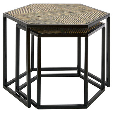 Set of 2 Natural Wood and Black Hexagon Side Tables with Black Metal Frame, Babita