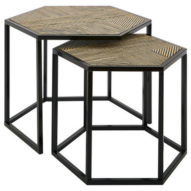 Set of 2 Natural Wood and Black Hexagon Side Tables with Black Metal Frame, Babita