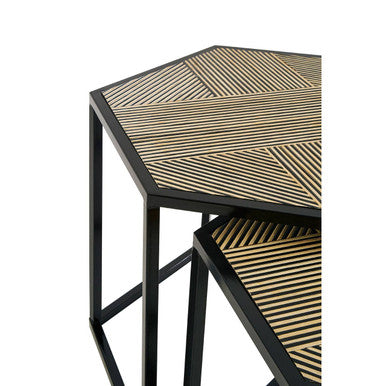 Set of 2 Natural Wood and Black Hexagon Side Tables with Black Metal Frame, Babita