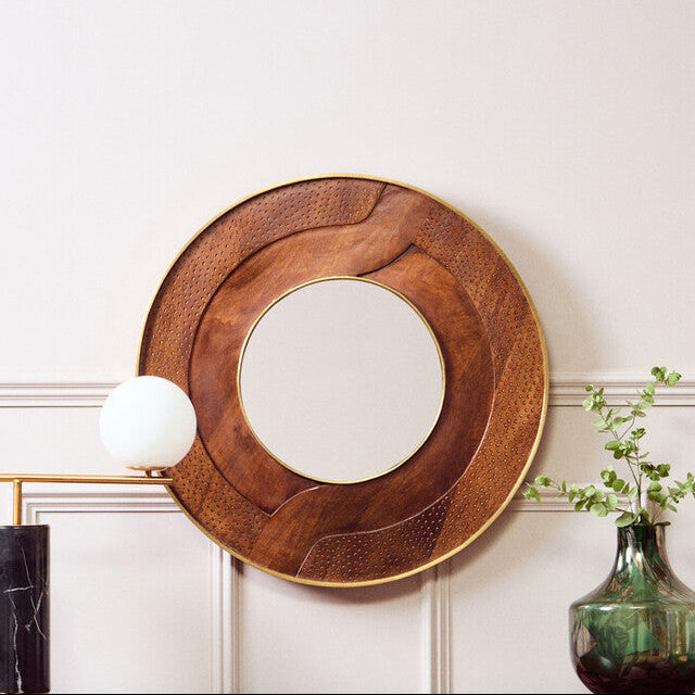 Siva Round Mango Wood Hammered Wall Mirror