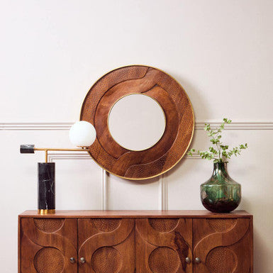 Siva Round Mango Wood Hammered Wall Mirror