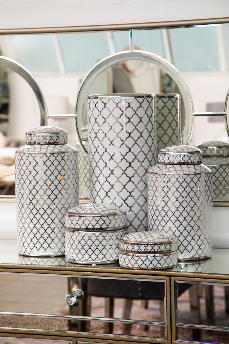 Renne White and Silver Large Ceramic Jar