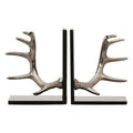 Antler Silver Metal Bookend Set of 2 with Black Marble Bases