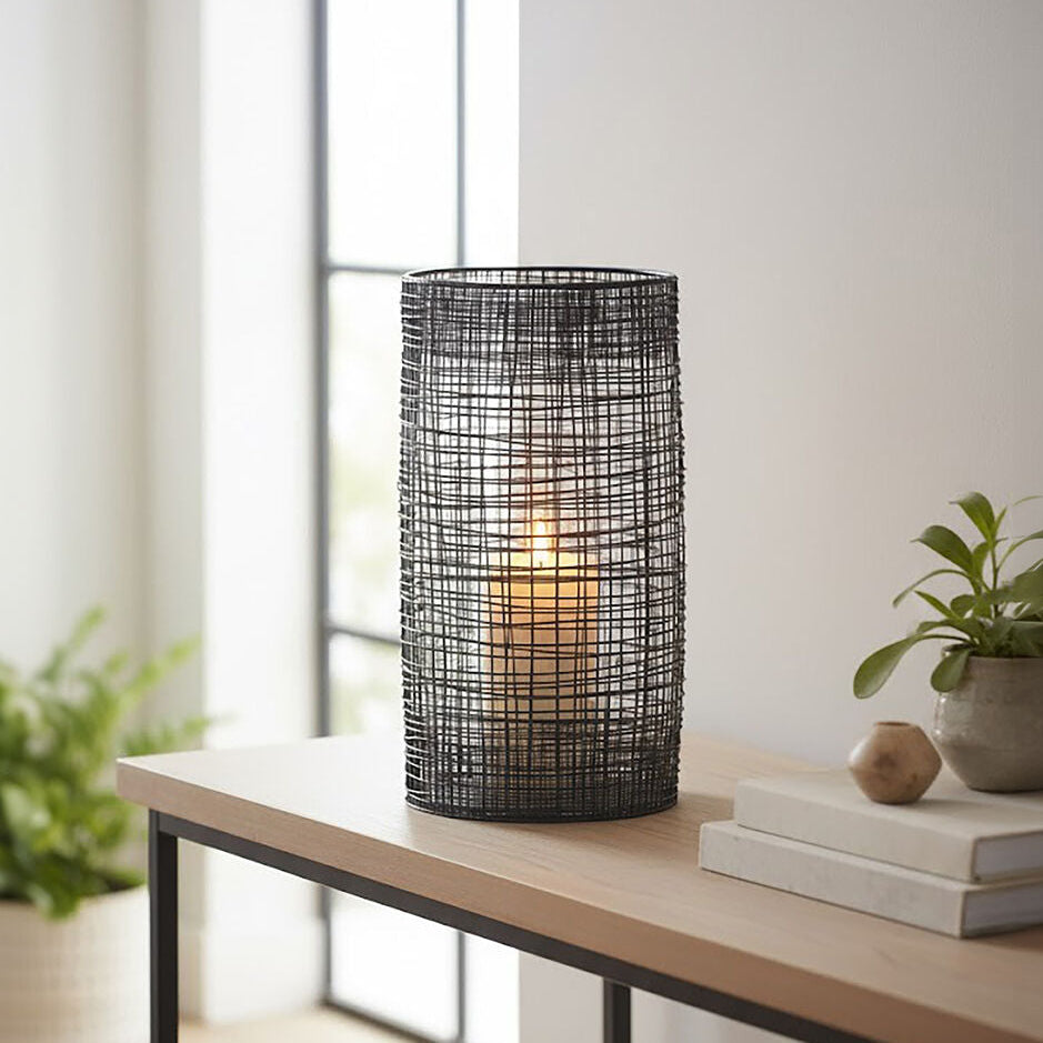 Trento Large Black Woven Wire Candle Holder with Glass Insert