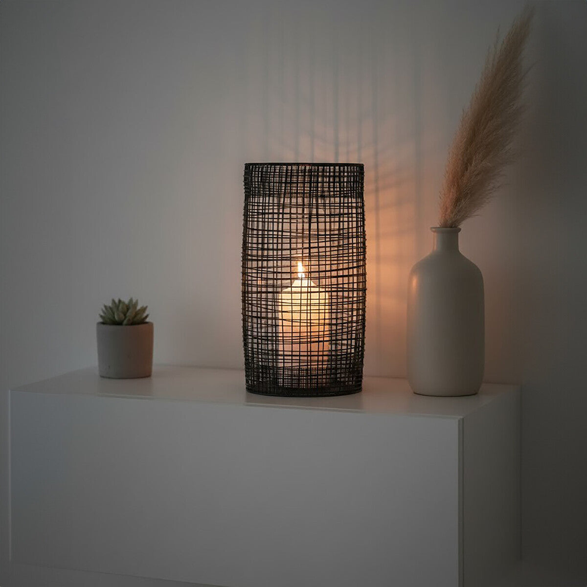 Trento Large Black Woven Wire Candle Holder with Glass Insert