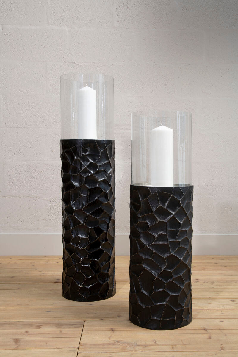 Akola Black and Gold Metal and Glass Small Floor Standing Hurricane Candle Holder