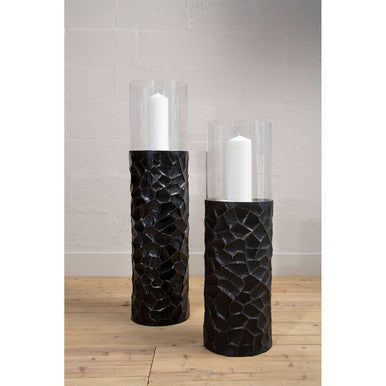 Akola Black and Gold Metal and Glass Small Floor Standing Hurricane Candle Holder