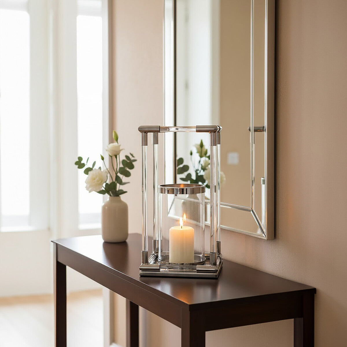 Lucita Large Candle Holder in Silver Finish and Acrylic
