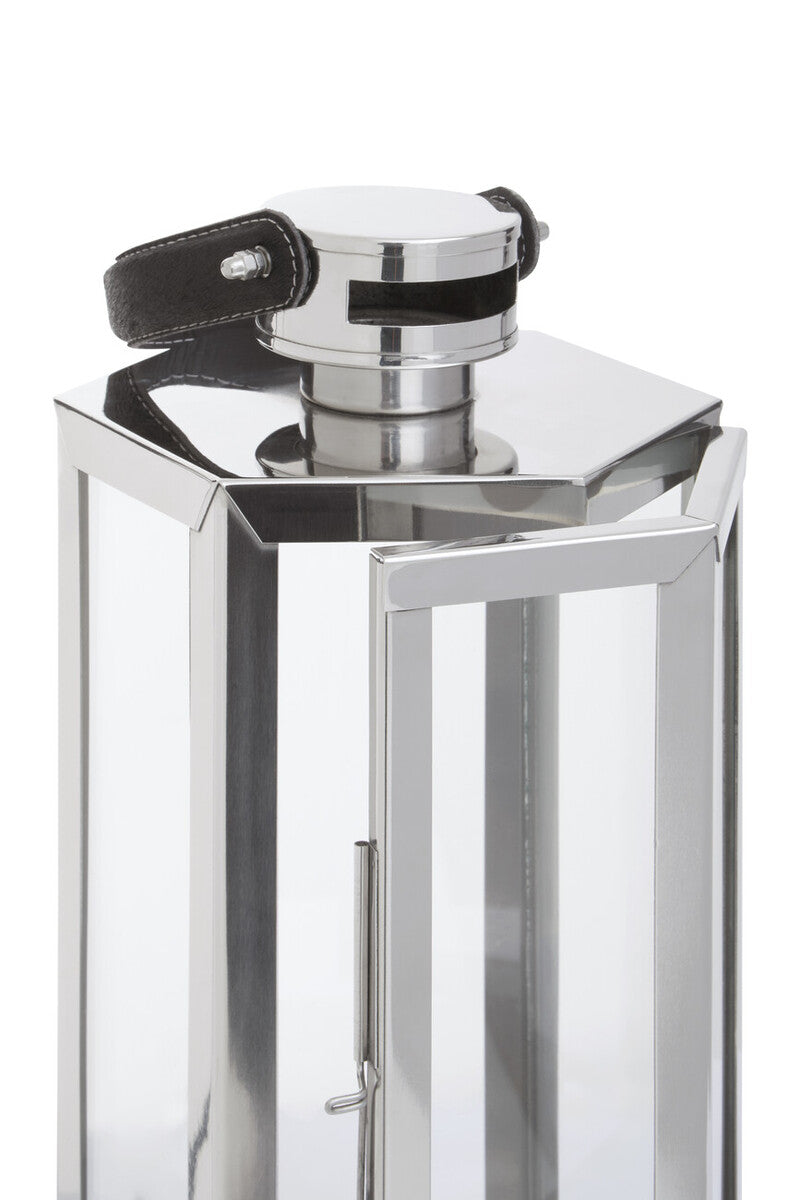 Herber Small Silver Hexagonal Lantern with Hair on Leather Handle