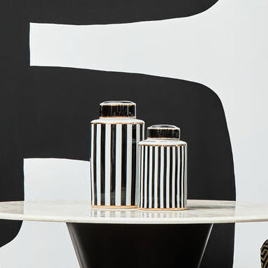 Doria Large Black And White Stripes Ceramic Jar