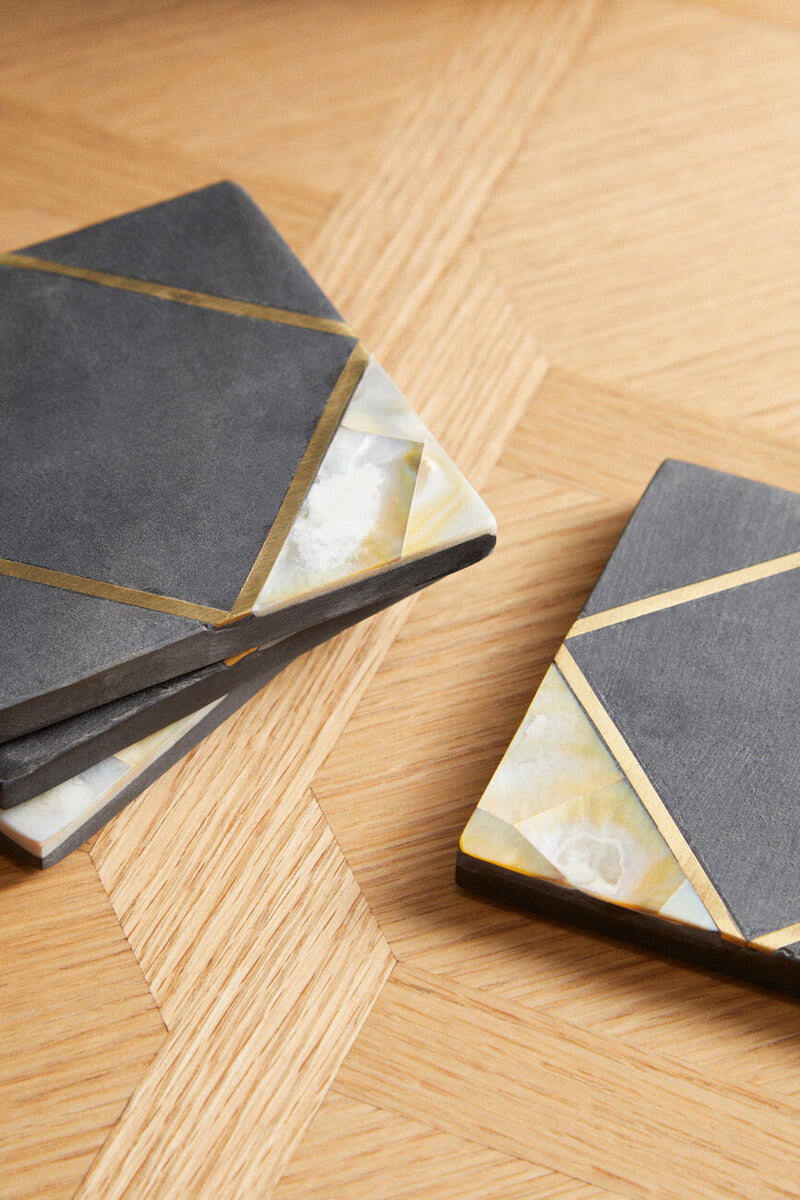 Oriana Set Of 4 Black Slate with Mother of Pearl Inlay Coasters