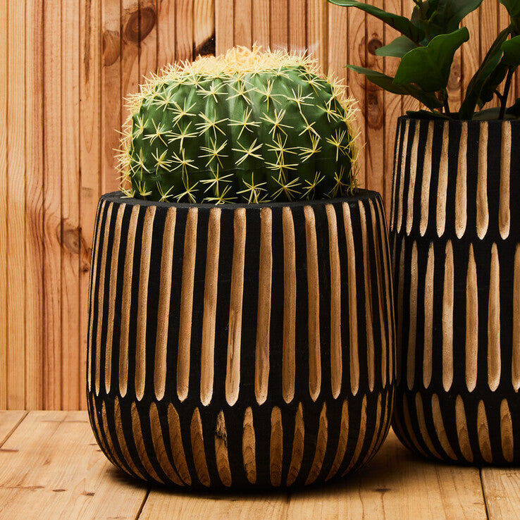 Arlo Large Engraved Natural And Black Wooden Planter