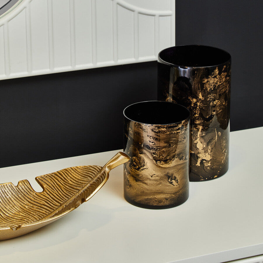 Gaia Black And Gold Marble Effect Large Candle Holder