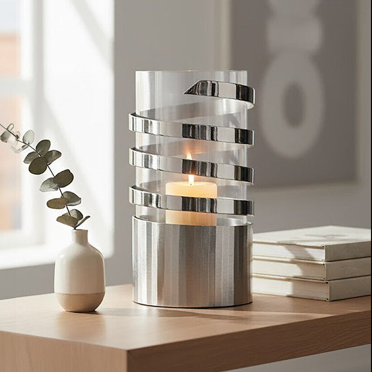 Amreli Large Vertical Textured Silver Metal Hurricane Candle Holder