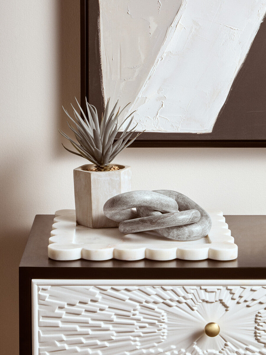 Savio White Marble Square Large Tray With Scallop Edges
