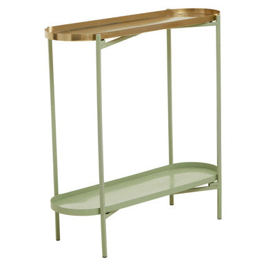Green Metallic Console Table with Polished Gold Top and Two-Tier Shelves | Sabia