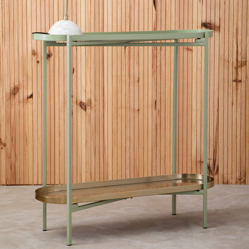 Green Metallic Console Table with Polished Gold Top and Two-Tier Shelves | Sabia
