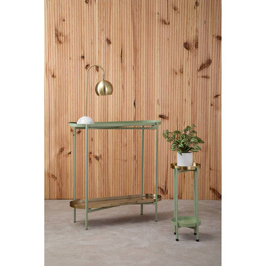 Green Metallic Console Table with Polished Gold Top and Two-Tier Shelves | Sabia