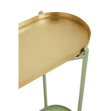 Green Metallic Console Table with Polished Gold Top and Two-Tier Shelves | Sabia
