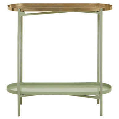 Green Metallic Console Table with Polished Gold Top and Two-Tier Shelves | Sabia